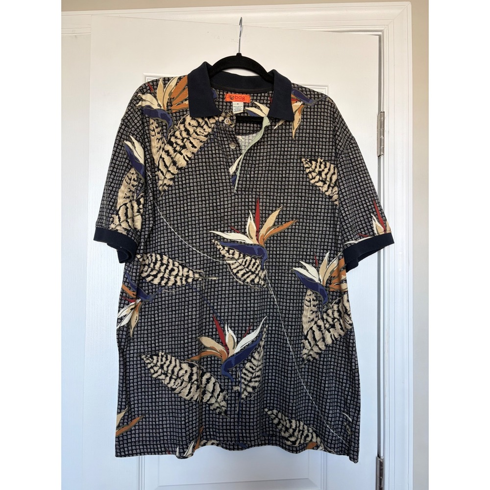 Urban Outfitters BDG Mens Bird of Paradise Floral Polo Shirt Navy Blue Medium